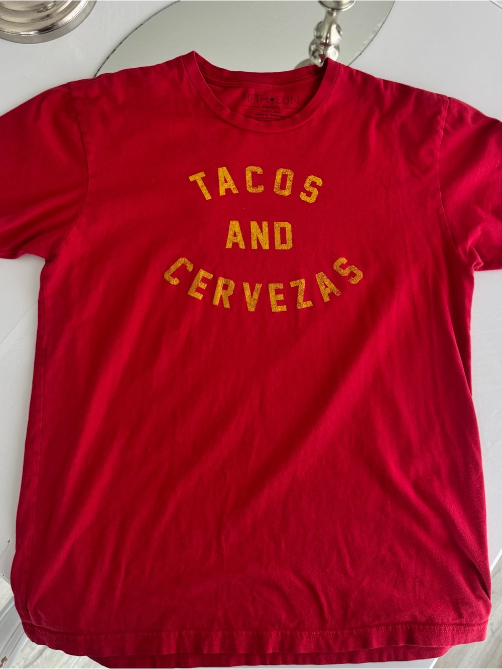 Fifth Sun Tacos and Cervezas Graphic T-Shirt Medium Red 100% Cotton